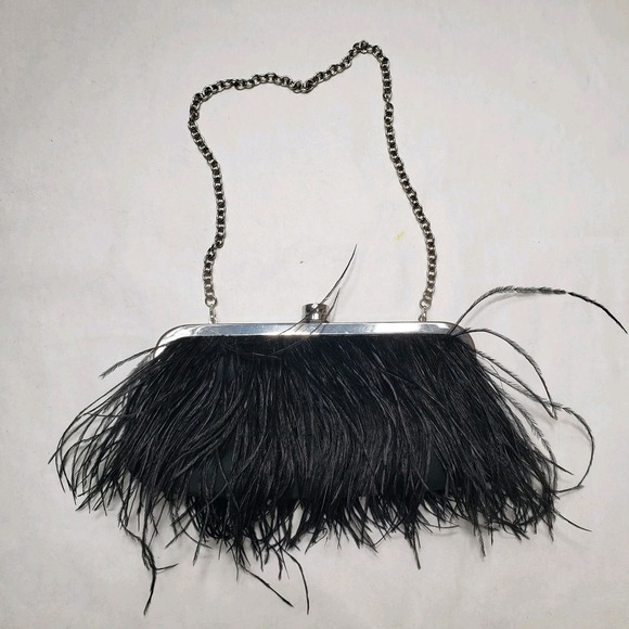 BCBG Max Azria Womens Satin Feather Trim Shoulder Handbag Black Cocktail Bag - Picture 4 of 11